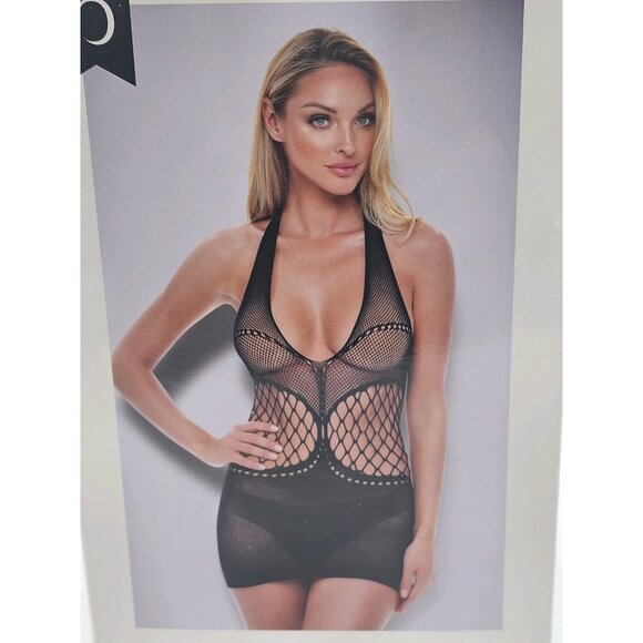 Baci Lingerie Women's One Size 2-14 Black Sheer Mesh Halter Mini Dress - Picture 7 of 7